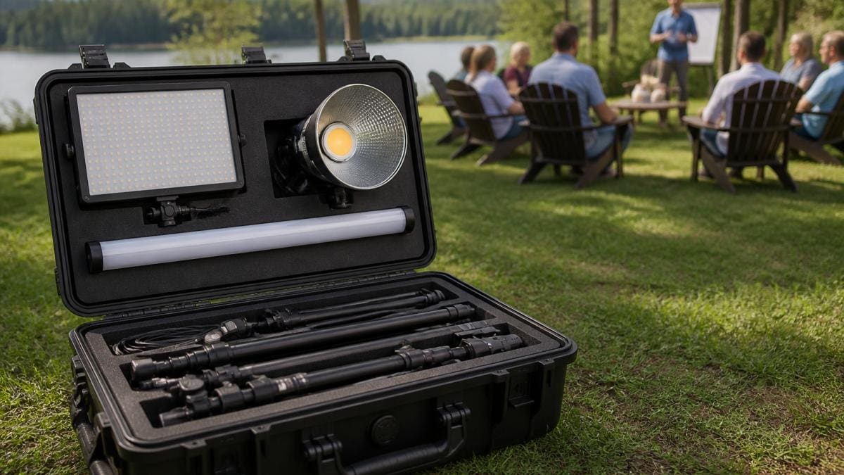 Diagram of essential LED lighting equipment kits for outdoor corporate retreats, including panels, tubes, and COB lights.