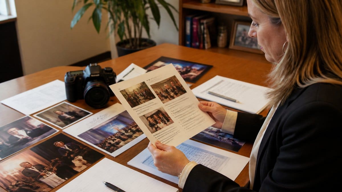 Marketing director reviewing data to automate sponsor recap reports with event photos and metrics.
