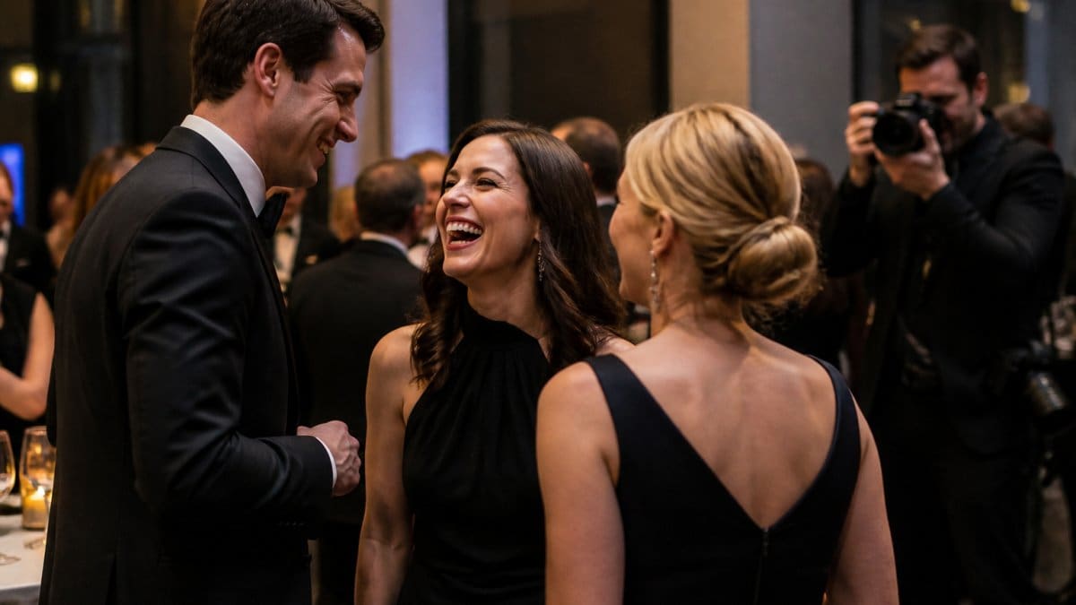 Professional photographer with camera capturing candid moments at a formal gala, subjects in evening wear laughing and interacting naturally while photographer remains discreet in the background with soft ambient lighting
