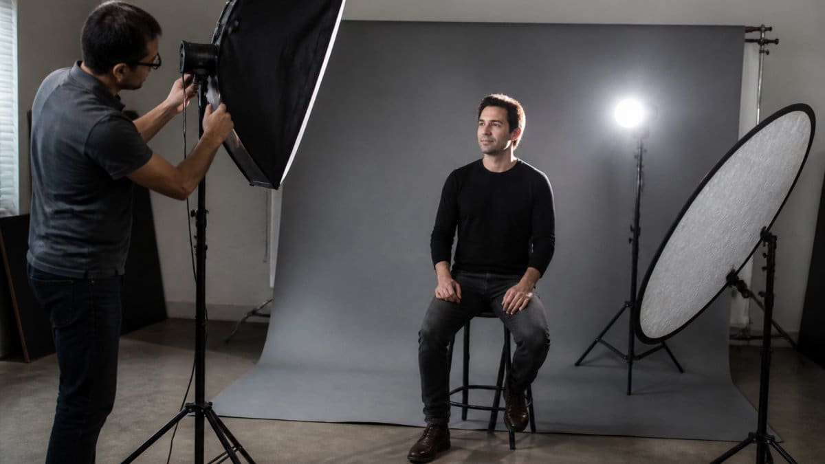 A photographer adjusting a softbox on a light stand in a studio, with an actor seated on a stool in front of a neutral gray backdrop, showing the key light at 45 degrees, a fill reflector on the opposite side, and a rim light behind the subject