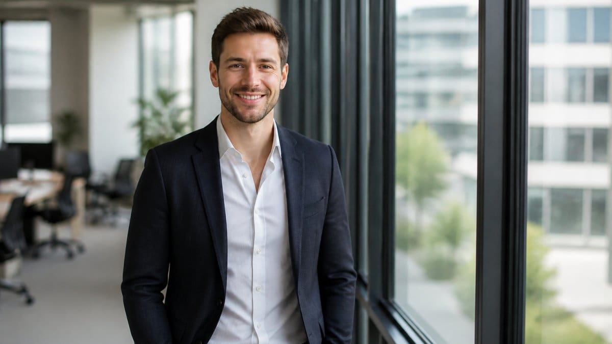 Professional in a smart-casual blazer posing for a business headshot by a window in a sunlit office.