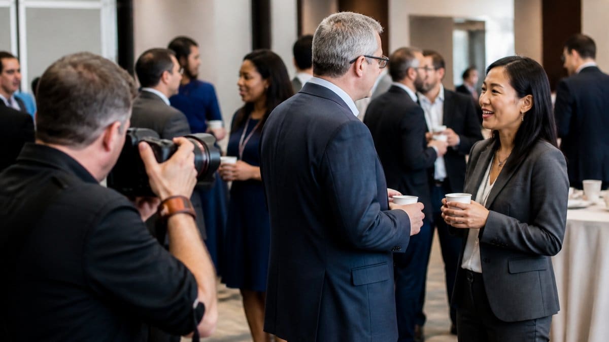 Professional photographer capturing business professionals networking to aid in calculating roi of professional event