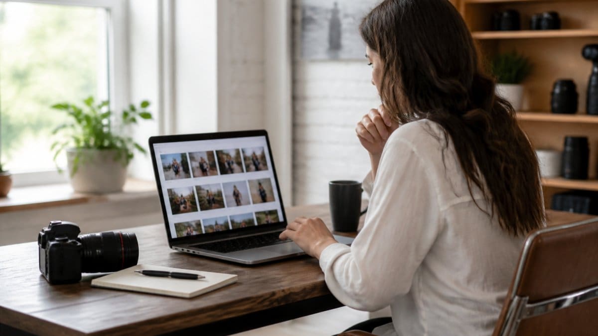 A photographer at a desk reviewing a client gallery on a laptop, with a camera and notebook nearby in a bright studio office