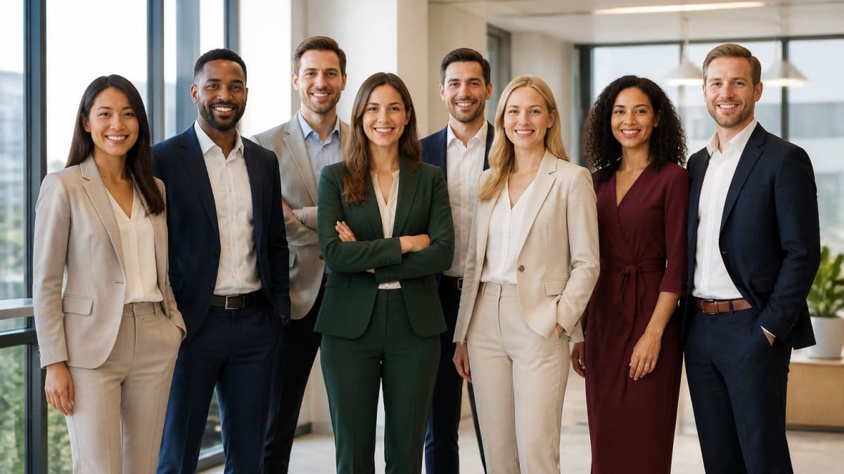 A group of diverse corporate employees in coordinated neutral and jewel-tone business attire standing together in a bright modern office, smiling confidently before a company headshot session