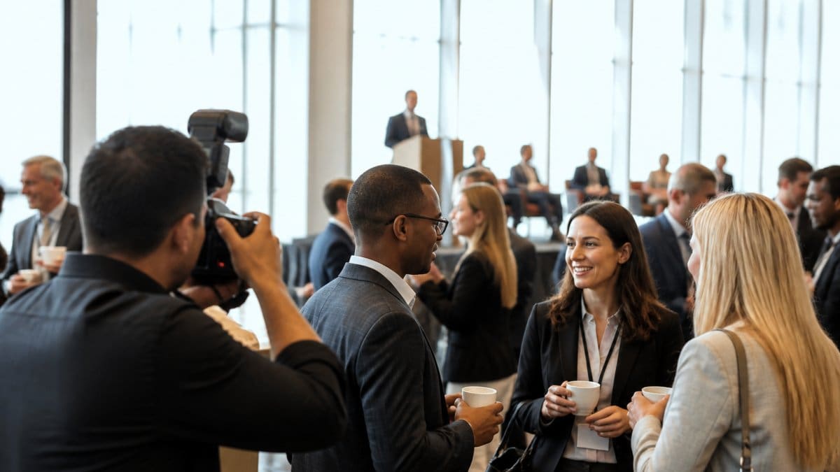 Professional photographer capturing candid moments of corporate conference attendees networking, with speakers visible on stage in the background and natural lighting from venue windows