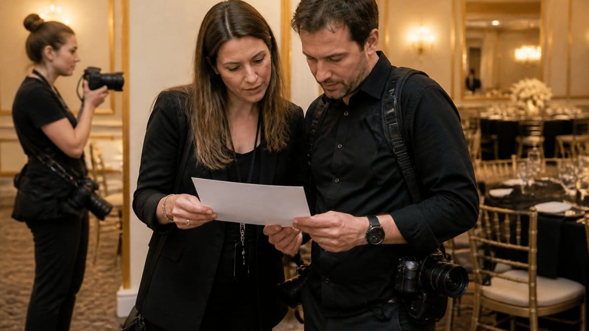 Nonprofit photographers and a marketing director reviewing a shot list at a gala event venue