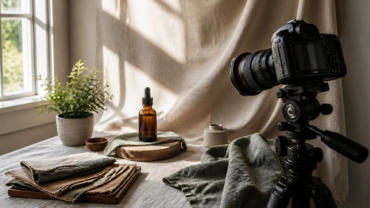 A styled product launch scene on a neutral tabletop with a textured linen backdrop, arranged props including fabric swatches and a small green plant, a camera mounted on a tripod nearby, and soft window light falling across the product