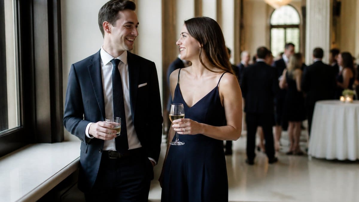 A photographer positioning two guests near a large window in an elegant event hall, soft daylight falling across their faces while a reception crowd blurs in the background