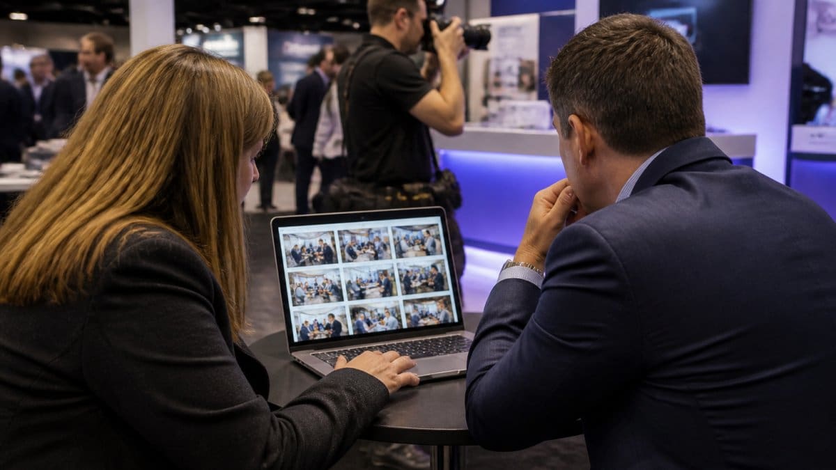 Event organizer and sponsor representative reviewing photos on a laptop during a trade show, with photographer visible in background capturing attendee interactions at booth, natural trade show lighting