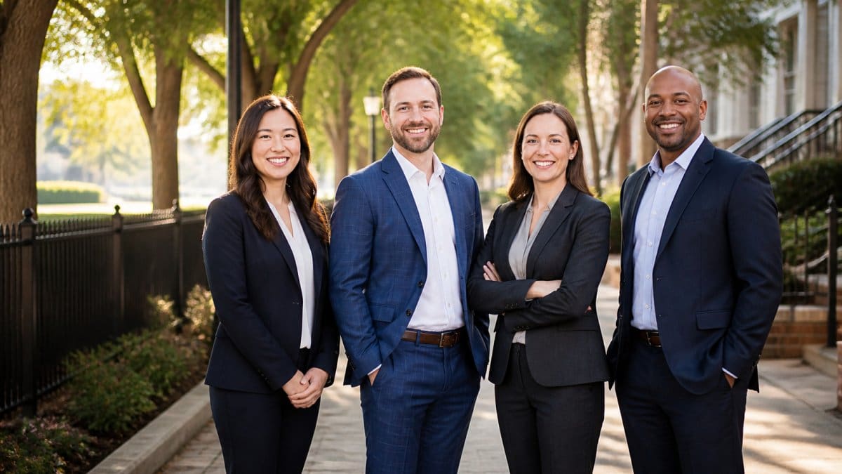 Professionals posing on a Northern Virginia walkway during the best time of day for outdoor corporate portraits